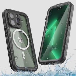 送料無料★iPhone 14 Pro ケース 完全防水 ストラップ付き 全面カバー クリア 透明 Qi充電対応 (黒)