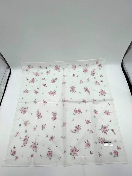 【未使用品】renoma レノマ ハンカチ バンダナ ホワイト×ピンク 花柄 マーガレット 小花 綿 コットン100% W45 H45