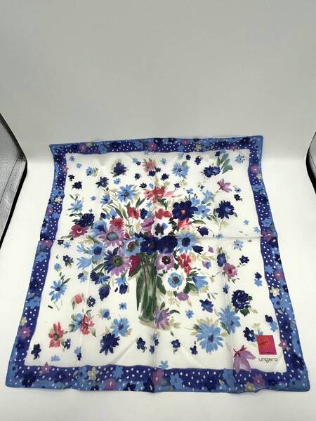 【未使用品】ungaro ウンガロ ハンカチ バンダナ ブルー×パープル×ゴールド 花柄 水玉柄 綿 コットン100% W45 H45