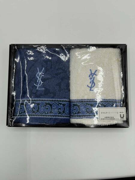 【未使用品】Yves Saint Laurent イヴサンローラン タオルチーフ ハンドタオル 2枚組 コットン100％ ロゴ刺繍 ホワイト×ブルー W25 H23