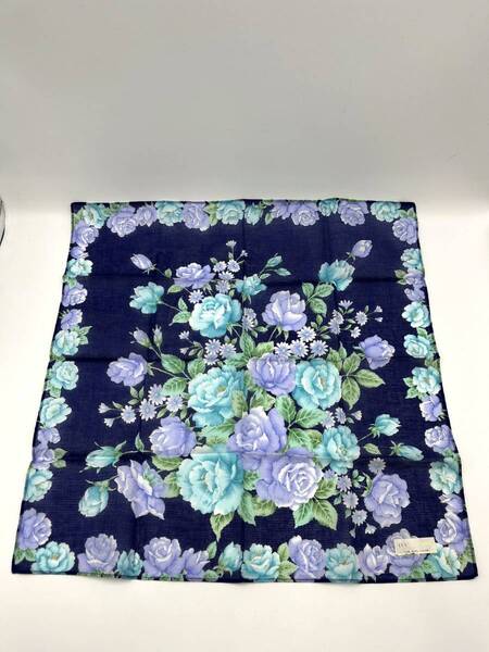 【未使用品】HANASENKA ハナセンカ ハンカチ バンダナ ブルー系 花柄 バラ 綿 コットン100% W43 H42