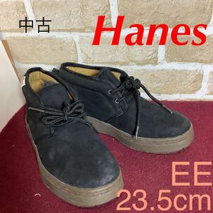 【売り切り!送料無料!】A-10 Hanes!ショートブーツ!23.5cm EE!黒!ブラック!ハイカットブーツ!スエード!おしゃれ!ぺたんこ!Moonstar!中古!