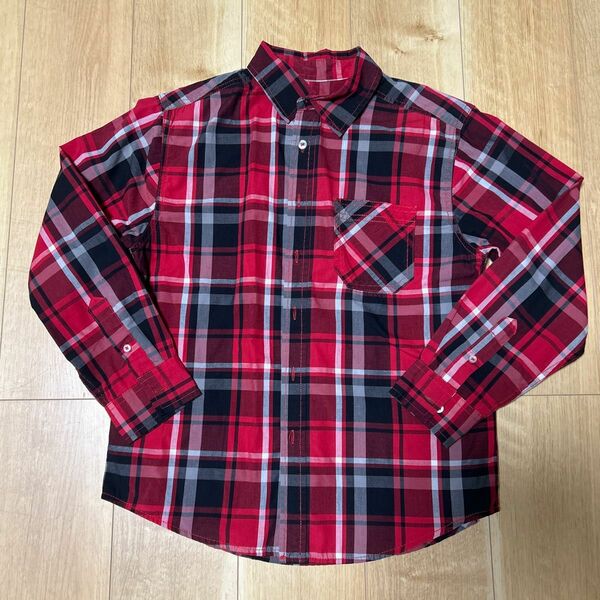 チェックシャツ　子供服　男の子　160センチ　赤　長袖シャツ　レッド