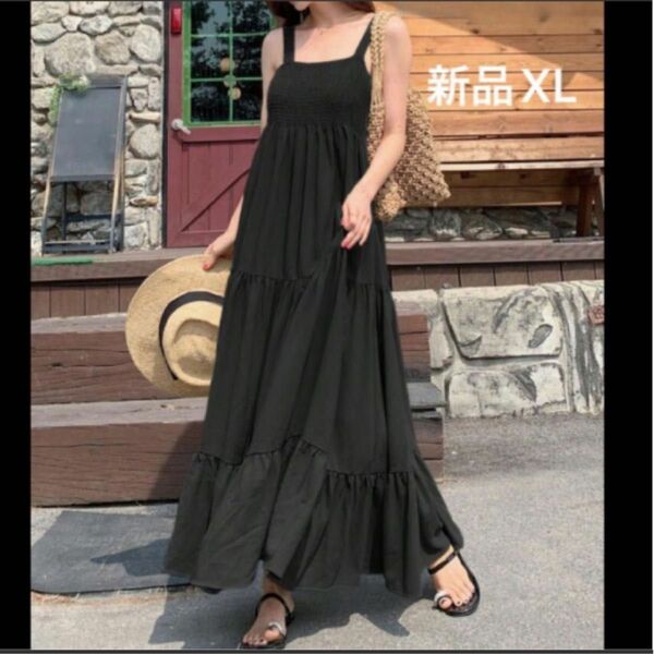 新品　 ロングワンピース マキシワンピース　キャミワンピ　夏服　薄手　ブラック　フレアスカート　大きいサイズ　XL LL 韓国風