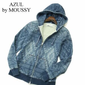 AZUL by MOUSSY アズール マウジー 加工 ネイティブ柄 スウェット ドビー デニム ジップ フーディー パーカー Sz.XS　メンズ　A3T10084_9#I