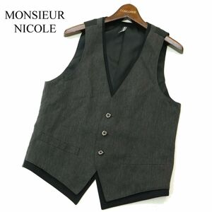 MONSIEUR NICOLE ムッシュ ニコル レイヤード風★ 麻 リネン&コットン 切替 ベスト ジレ Sz.46　メンズ グレー　A3T11915_A#M