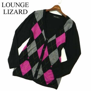 LOUNGE LIZARD ラウンジリザード 秋冬 ウール100％★ アーガイル柄 ニット カーディガン Sz.2　メンズ 黒　A3T12139_A#K