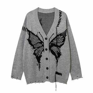 美品 Butterfly damage cardigan 蝶柄 ダメージニット M ニットセーター ニット ニットカーディガン