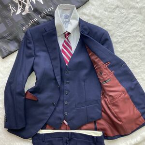 未使用◎麻布テーラー『至高のスリーピース』azabu tailor スーツ ネイビー 裏地ワインレッド 46位 テーラードジャケット 秋冬 ベスト 3P