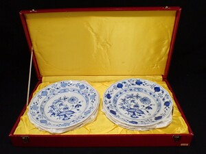 k4159 / 極上品 洋 食器 Meissen マイセン ブルーオニオン ミート皿 プレート 大皿 ５客 セット 箱付 ケース付 現状品