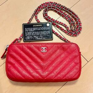 シャネル チェーンショルダーバッグ チェーンウォレット キャビアスキン CHANEL 赤　レッド　財布