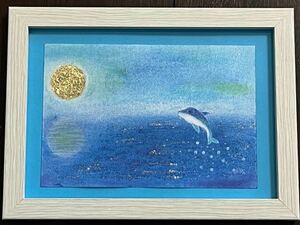 風水　青色　金箔　月　満月　イルカ　海　月夜　金色　縁起物　ラメ　パステル画　絵画　額縁　お風呂　プレゼント　誕生日