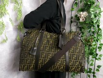 超美品●FENDI フェンディ●ズッカ柄●ナイロンキャンバス カーフ レザー 本革●2way ボストン バッグ●ダークブラウン ベージュ●Js41107_画像1