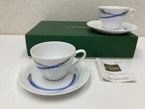 ノリタケ ペア カップ＆ソーサー ホワイト×ブルー×金彩 2客セット Noritake P5387/1607 未使用品