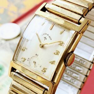 #2763【シックでお洒落】メンズ 腕時計 機械式 手巻き ロードエルジン LOAD ELGIN 稼働品 14K 金張り スクエア スモセコ 17石 1951年 四角