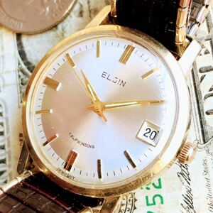 #2765【１円スタート】メンズ 腕時計 機械式 自動巻き エルジン 稼働品 ELGIN 10K 金メッキ Automatic 17石 DATE 3針 RGP ゴールドP