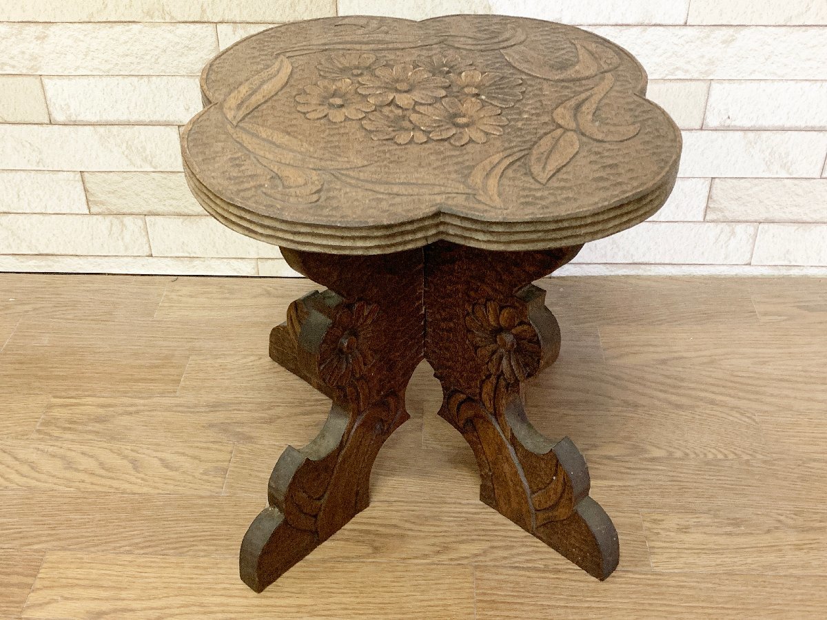 Wooden Side Table Mini Table Flower Stand Console Foldable Carving Wood Carving Handmade Diameter 35cm Height 32cm, furniture, interior, table, Side table