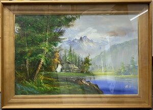 G1023-103 絵画 油絵 風景画 山 川 額付き自然風景 肉筆 サイン在 額装 キャンバス 油彩 フレーム 金縁 額サイズ92 × 67cm