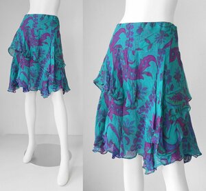 RALPH LAUREN *peiz Lee total pattern silk tia-do skirt size 4 green blue Ralph Lauren *G1015