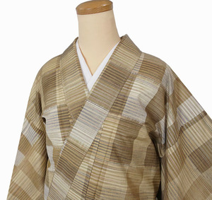 紬 袷のきもの しつけ糸付き 未使用 市松柄に横段縞織模様 正絹 10832
