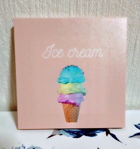 即決 美品 油彩画風 可愛い アイスクリーム ICE CREAM 小さな キャンバス トリプルアイス スイーツ 検: 絵画 お菓子 おやつ 