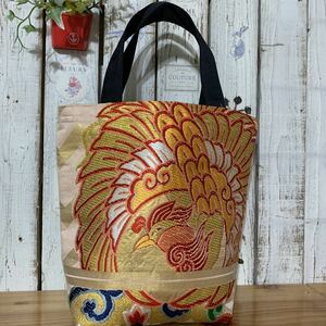 ハンドメイド 鳳凰刺繍　帯リメイク　バッグ　サブバッグ トートバッグ 着物リメイク