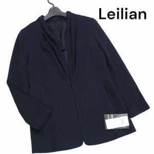 【新品 未使用】 Leilian レリアン × ロロピアーナ★ 秋冬 カシミヤ&シルク ノーカラー ジャケット Sz.9　レディース 紺　K3T00511_9#N