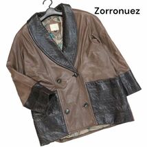 Zorronuez ゾロヌーズ 秋冬 羊革♪ 型押し 切替 リアル ラム レザー ショールカラー コート Sz.F　レディース　K3T00506_9#N_画像1