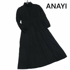 ANAYI アナイ 秋冬 タートルネック♪ 長袖 ウール ニット ロング ワンピース Sz.36　レディース 黒 日本製　K3T00676_A#E