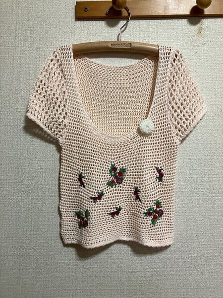 鍵編み ニット ベスト セーター 刺繍 トップス オレンジベージュ サイズF