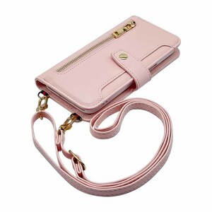 iPhone15 スマホケース(ピンク)斜めがけ スマホショルダー 手帳型 ストラップ付き くすみカラー