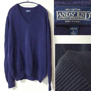 1000円 90s USA製 LANDS'END コットンニット ダーク ネイビー ビンテージ ランズエンド コットンセーター アメリカ製 Vネック 肉厚 L TALL