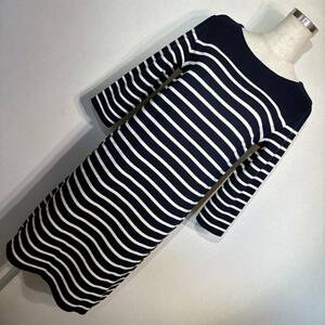 B498 beautiful goods!# Le Minor *. made * dark blue * white border / wool knitted *7 minute sleeve One-piece #0