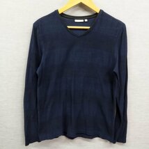 J416 Calvin Klein 長袖 カットソー M ネイビー Vネック プルオーバー ボーダー ロンT コットン 綿 メンズ CK カルバンクライン_画像1