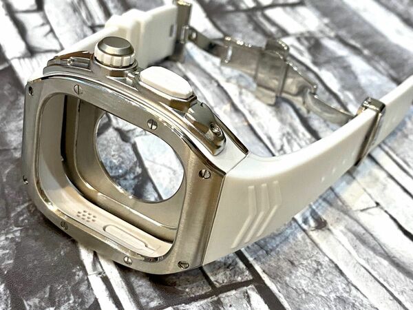 49mm apple watch ultra アップルウォッチウルトラ メタル ケース ステンレス カスタム ラバー　カバー　銀白