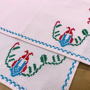 ヨーロッパ ヴィンテージ クロスステッチ 手刺繍 テーブルセンター 2枚 セット まとめ フランス ユーロ レトロ
