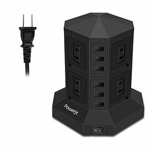 Powerjc タワー式電源タップ 2層縦コンセント 8AC充電口雷ガード 過負荷保護 省エネ オフィス 家庭 中古