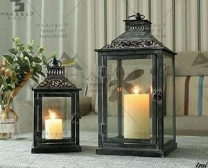  art goods metal candle lantern 2 piece set glass antique gray brush equipment ornament lantern Vintage style indoor outdoors 