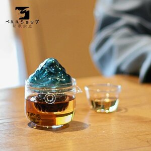 ガラス製の湯飲み 耐熱茶フィルターカップ 青い峰の立体造形 手づくり 旅の茶器セット