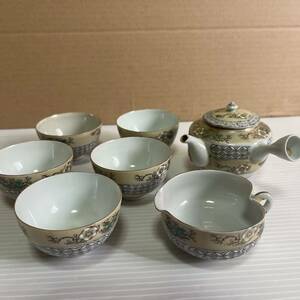 蔵出し品 九谷焼 茶器揃 九谷 急須 湯呑5客 湯冷し 茶器 茶道具 古い 金彩 梅 時代物