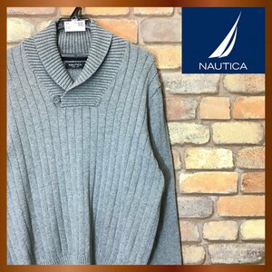 ME8-348★若干訳有格安!!★USA古着★【NAUTICA ノーティカ】刺繍ロゴ ショールカラー リブ編みセーター【メンズ L】ライトグレー 男女兼用