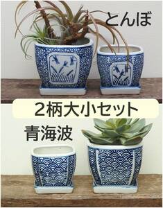 【2柄大小おまとめセット】植木鉢大小　蜻蛉(とんぼ)&青海波　皿付　多肉植物 盆栽　苔　観葉植物　サボテン　和風　市松　縁起物