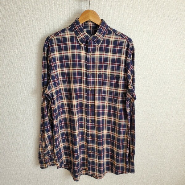 B61◆90s LANDS END 長袖 ボタンダウンシャツ sizeM ネイビーベース チェック柄 古着 中古 USED コットン100％