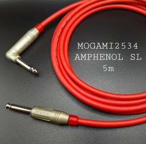新品【5m】赤モガミMOGAMI2534＋アンフェノールSL型ギターベースシールドケーブル★レッド