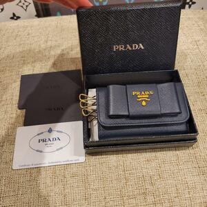 PRADA　ロゴ　リボン　キーリング　ポーチ　カードケース　三つ折り　ネイビー