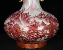 ◆古美術 中国古玩 大清乾隆年製款　臙脂紅　描金山水楼閣紋双耳瓶◆_画像7