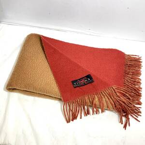 (志木)【美品】VICUNA/ビキューナ入 大判 マフラー ストール ショール 膝掛け ベージュ×オレンジ系 全長:約170cm フリンジ 