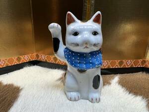 ■陶器■青模様■ブチ■招き猫■右手挙げ■ねこ■置物■ネコ■検索■瀬戸■九谷■マイセン■レトロアンティーク■縁起物■