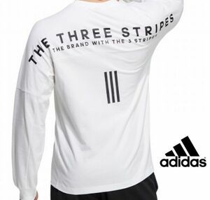 新品 ゴルフにも◎ アディダス　【THE THREE STRIPES】 背面ロゴ クルーネック 長袖シャツ　【3XL】　白 ホワイト　袖リブ 刺繍ロゴ adidas