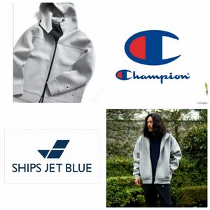 【未使用/別注/エアリーなパーカー】Champion×SHIPS JET BLUE WRAP-AIR ジップフードパーカー